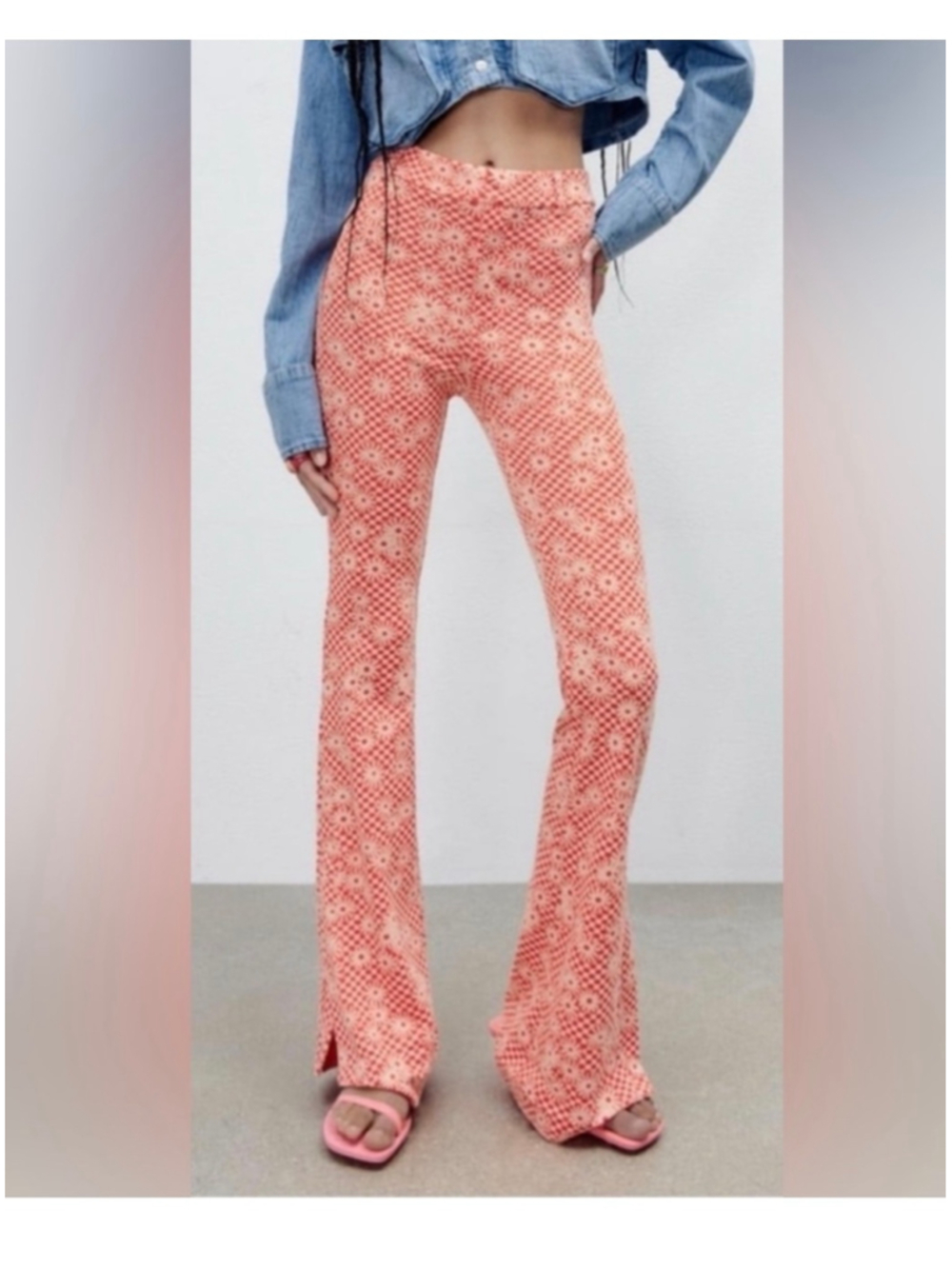 Women's Zara Flare Pants Size L Red Beige Floral Checkered Print